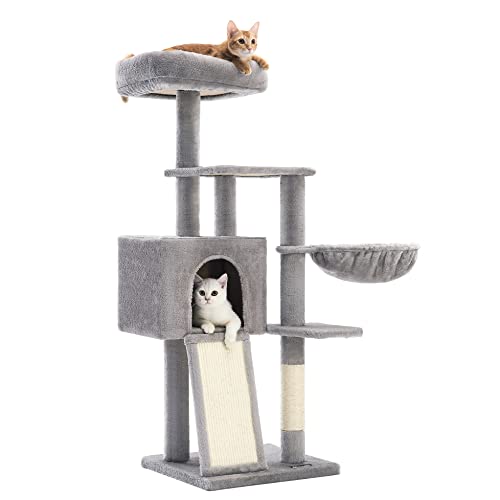 Комплект за котки, къщичка за котки с хамак, височина 135 см, драскалка, светлосиво, 40 x 45 x 135 см, FEANDREA