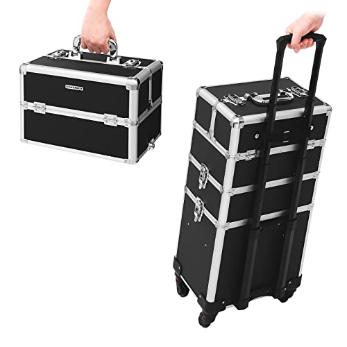 Професионален куфар за грим, количка за красота 3 в 1 за пътувания, количка за голяма козметика за фризьор, куфар за грим с универсани колелца на 360 градуса, черен, SONGMICS