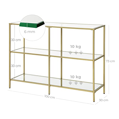 Конзолна маса, с 3 рафта, със златиста метална рамка и закалено стъкло, модерна, за коридор, хол, спалня, златиста, 100 x 30 x 73 см, VASAGLE