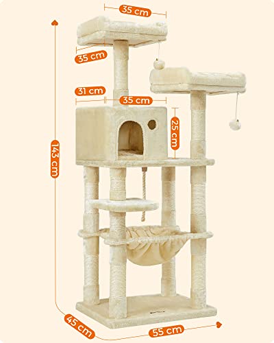Игрален ансамбъл за котки, стабилна кула за котки, 2 плюшени възглавници, 143 см, бежов, 55 x 45 x 143 см, FEANDREA