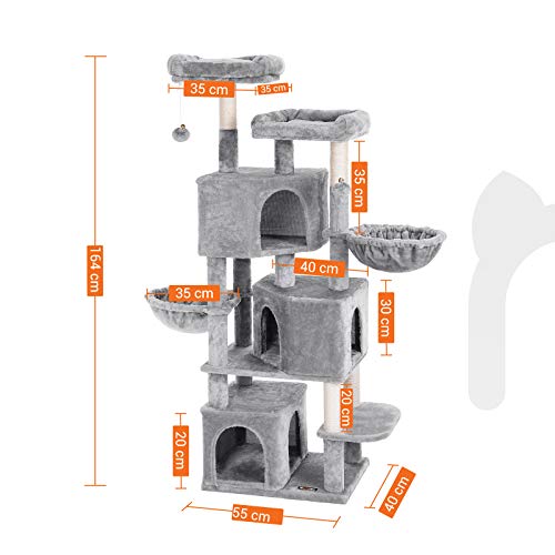 Голям игрален ансамбъл за котки с 3 пещери за котки, 164 см кула за котки, светлосив FEANDREA