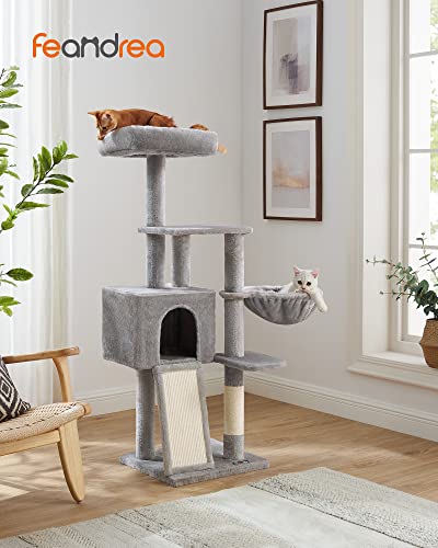 Комплект за котки, къщичка за котки с хамак, височина 135 см, драскалка, светлосиво, 40 x 45 x 135 см, FEANDREA