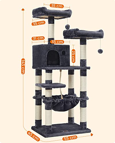 Игрален ансамбъл за котки, стабилна кула за котки, 2 плюшени възглавници, 143 см, опушено сив, 55 x 45 x 143 см, FEANDREA