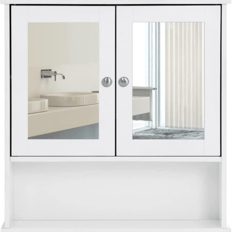Шкаф за баня с огледало 2 врати бял, 56х13х58 см
