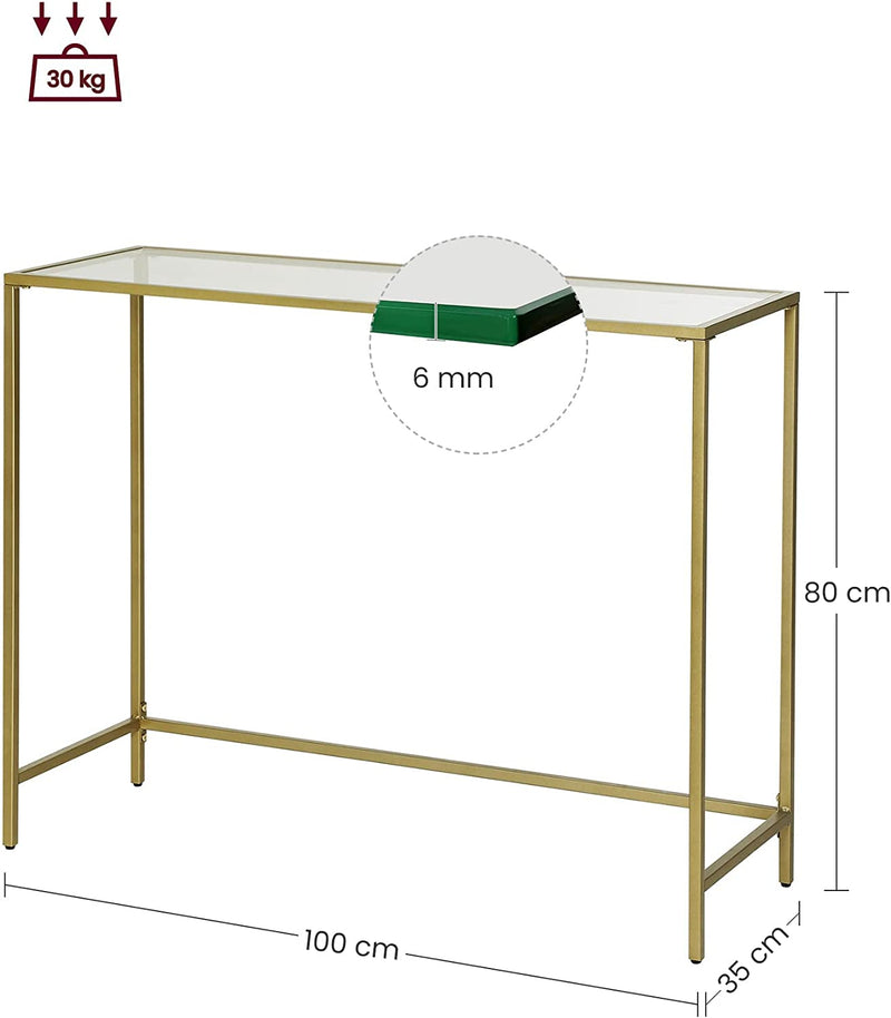 Конзолна маса с метална златиста конструкция и безопасно стъкло 35 х 100 х 80 см