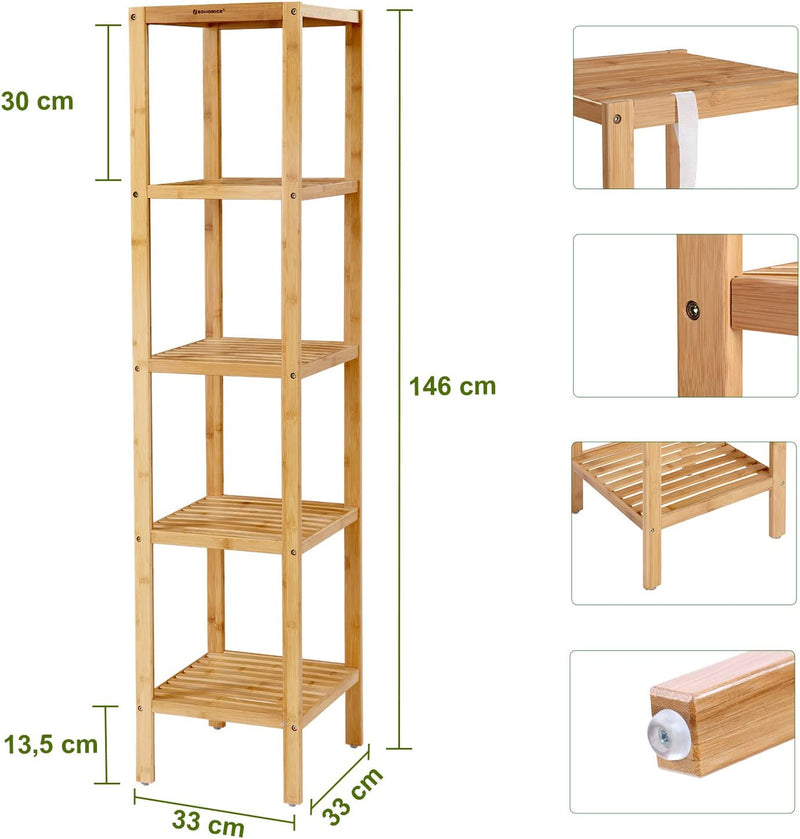 Бамбукова етажерка за баня 5 рафта 33 x 33 x 146 см