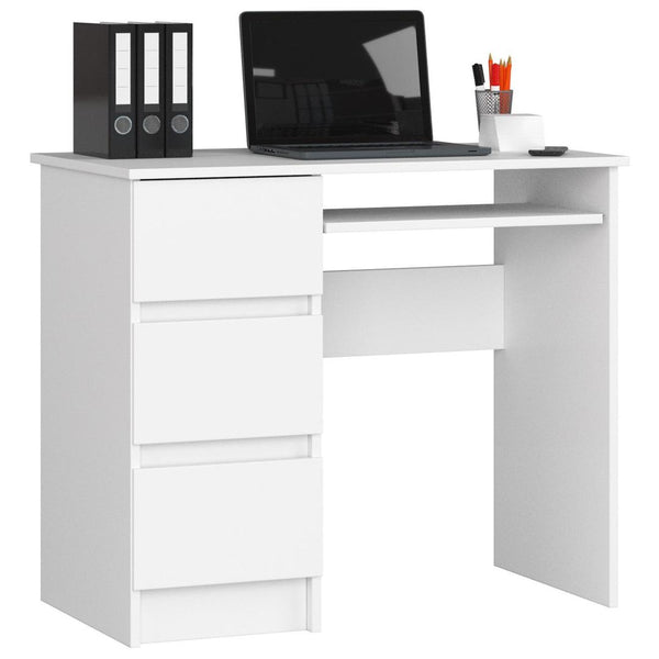 Компютърно бюро, ляво, с 3 чекмеджета и поставка за клавиатура 90x77х50 см бяло