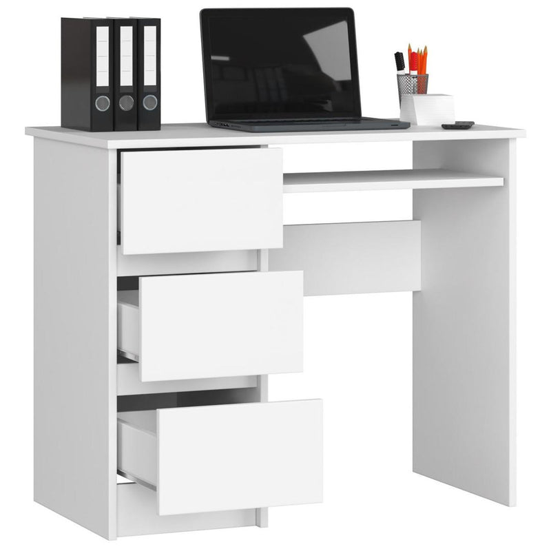 Компютърно бюро, ляво, с 3 чекмеджета и поставка за клавиатура 90x77х50 см бяло