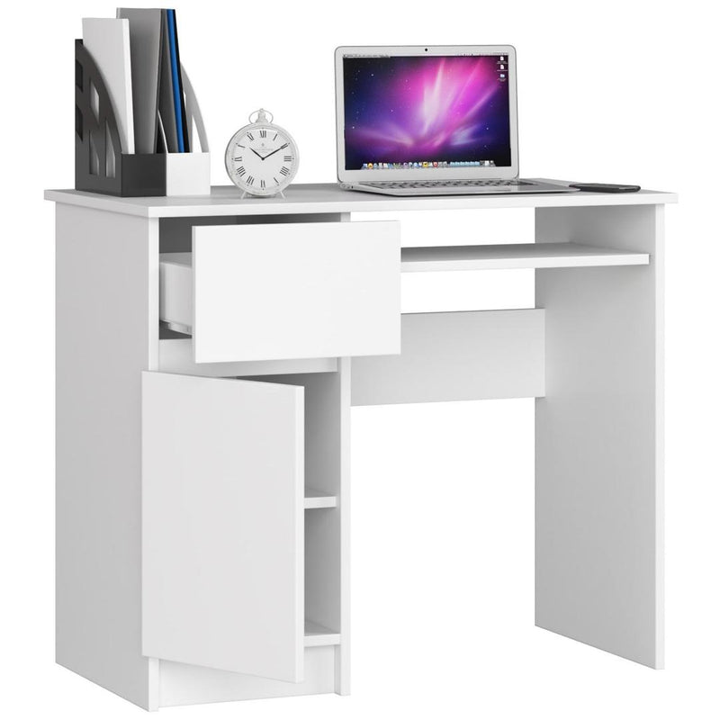 Компютърно бюро Piksel, ляво, с 1 врата, 1 чекмедже и поставка за клавиатура 90x77x50 см бяло
