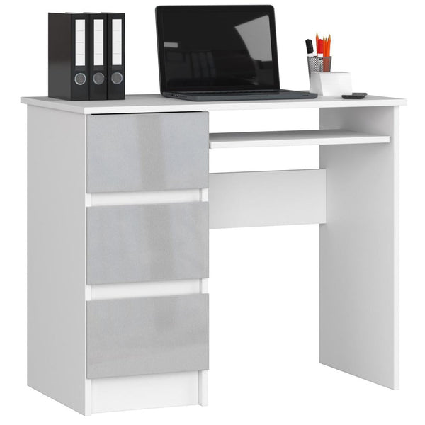 Компютърно бюро, ляво, с 3 чекмеджета и поставка за клавиатура 90 x 77 x 50 см бяло, лъскаво бяло