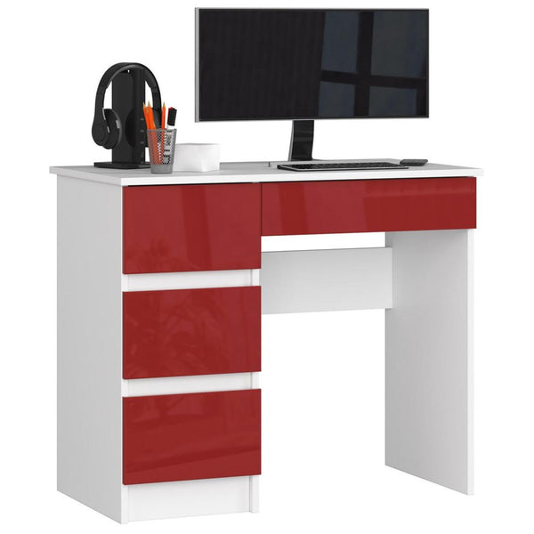 Компютърно бюро, ляво, с 4 чекмеджета 90 x 77 x 50 см бяло, лъскаво червено