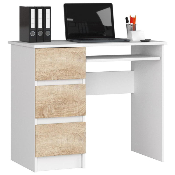Компютърно бюро, ляво, с 3 чекмеджета и поставка за клавиатура 90 x 77 x 50 см бяло, сонома