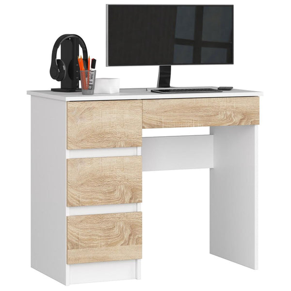 Компютърно бюро, ляво, с 4 чекмеджета 90 x 77 x 50 см бяло, сонома