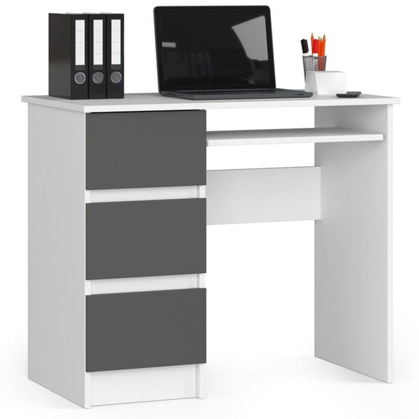 Компютърно бюро, ляво, с 3 чекмеджета и поставка за клавиатура 90 x 77 x 50 см бяло, сиво