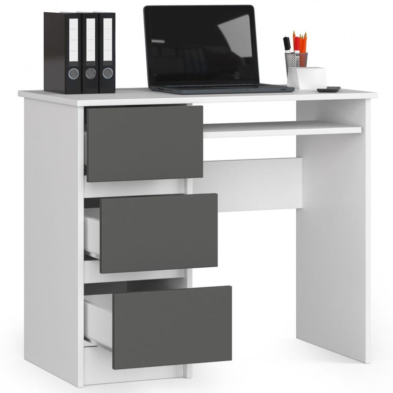 Компютърно бюро, ляво, с 3 чекмеджета и поставка за клавиатура 90 x 77 x 50 см бяло, сиво