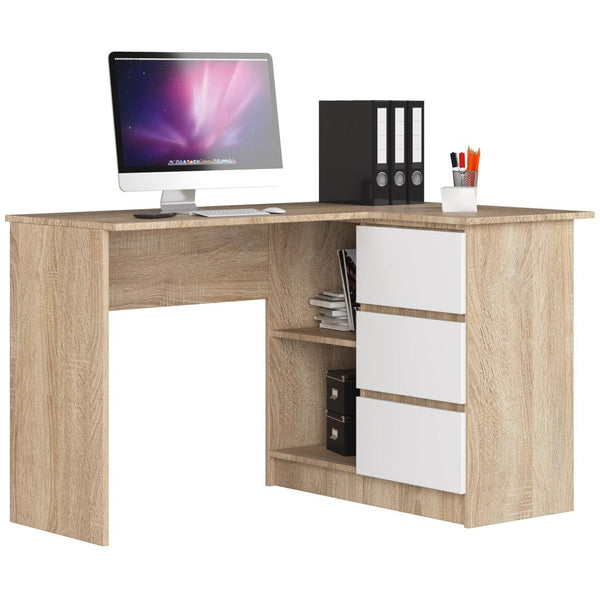 Ъглово компютърно бюро с 3 чекмеджета и 2 рафта 124 x 77 x 85 см сонома, бяло