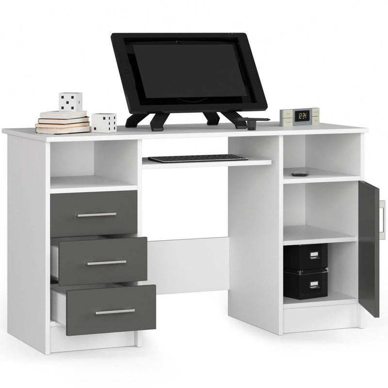Компютърно бюро Ana с 1 врата 3 чекмеджета и 4 рафта 124 x 74 x 52 см бяло, антрацит