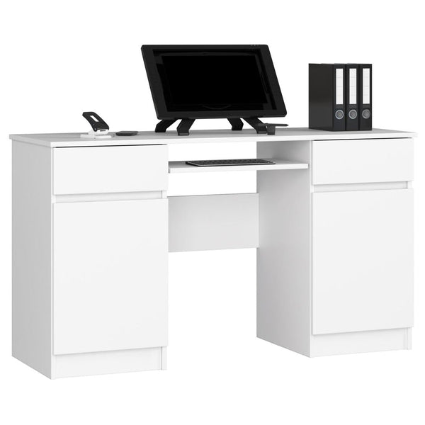 Компютърно бюро с 2 врати, 2 чекмеджета и поставка за клавиатура 135 x 77 x 50 см матово бяло