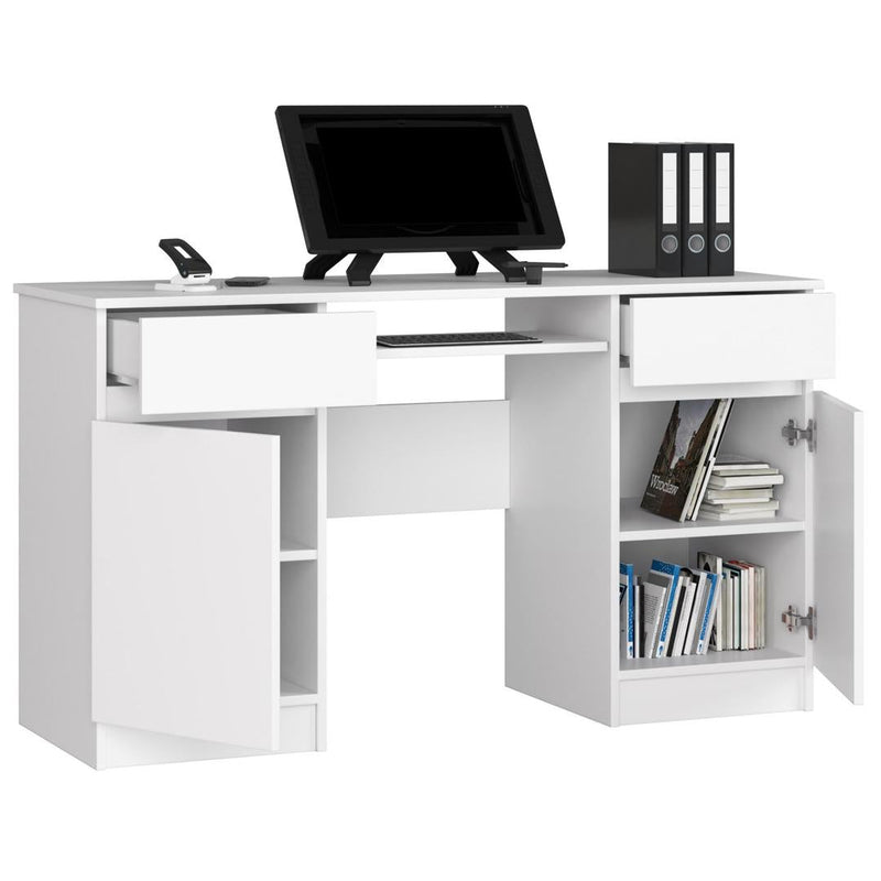 Компютърно бюро с 2 врати, 2 чекмеджета и поставка за клавиатура 135 x 77 x 50 см матово бяло