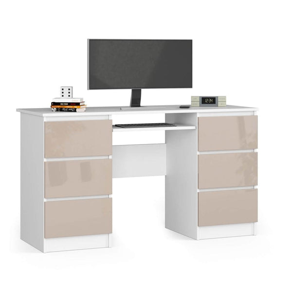 Компютърно бюро с 6 чекмеджета и поставка за клавиатура 135 x 77 x 50 см бяло, капучино