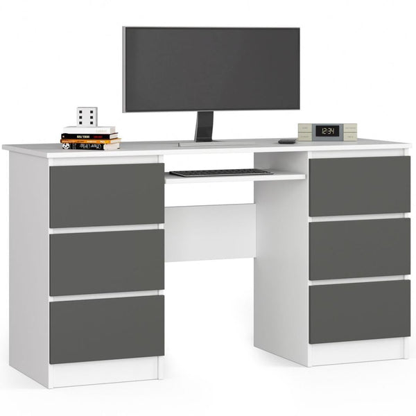 Компютърно бюро с 6 чекмеджета и поставка за клавиатура 135 x 77 x 50 см бяло, антрацит