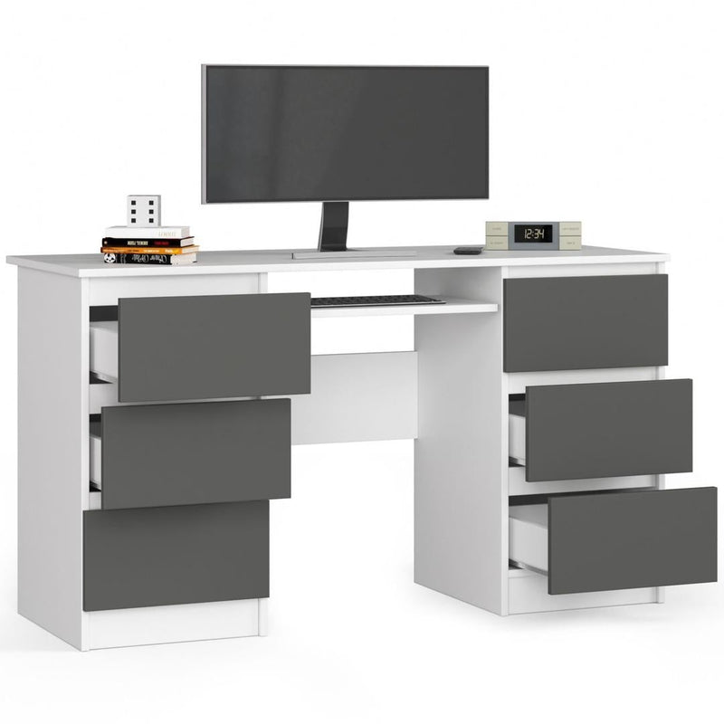 Компютърно бюро с 6 чекмеджета и поставка за клавиатура 135 x 77 x 50 см бяло, антрацит