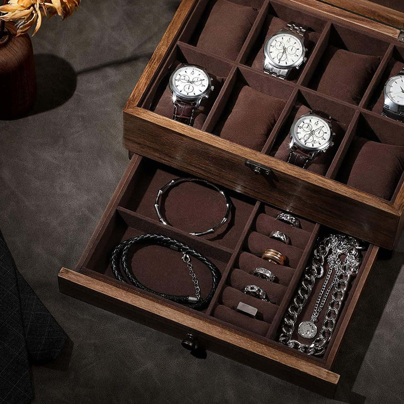 Кутия за часовници с 8 отделения от орехово дърво, голяма кутия за часовници със стъклен капак, възглавници за часовници, кадифен капак, кутия за бижута, подарък за любими хора, рустик орех SONGMICS