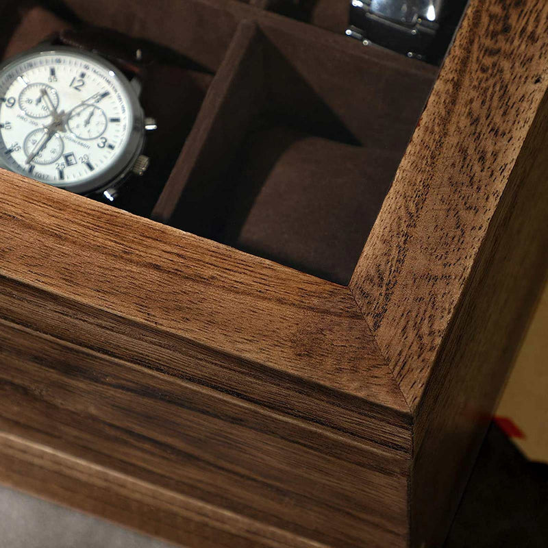 Кутия за часовници с 8 отделения от орехово дърво, голяма кутия за часовници със стъклен капак, възглавници за часовници, кадифен капак, кутия за бижута, подарък за любими хора, рустик орех SONGMICS