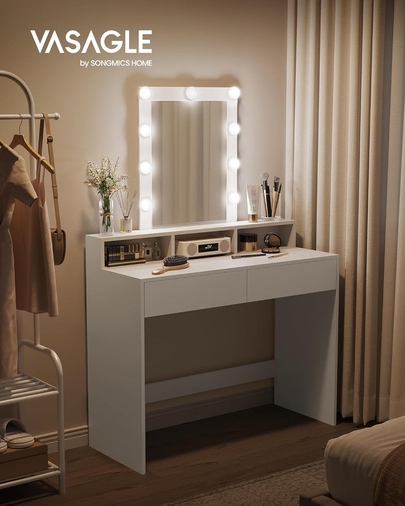 Тоалетка за грим Vasagle с LED осветление с 2 чекмеджета и 3 отделения в модерен бял цвят