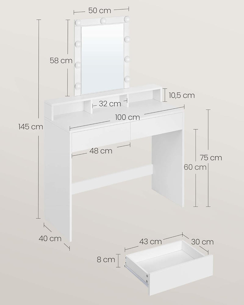 Тоалетка за грим Vasagle с LED осветление с 2 чекмеджета и 3 отделения в модерен бял цвят