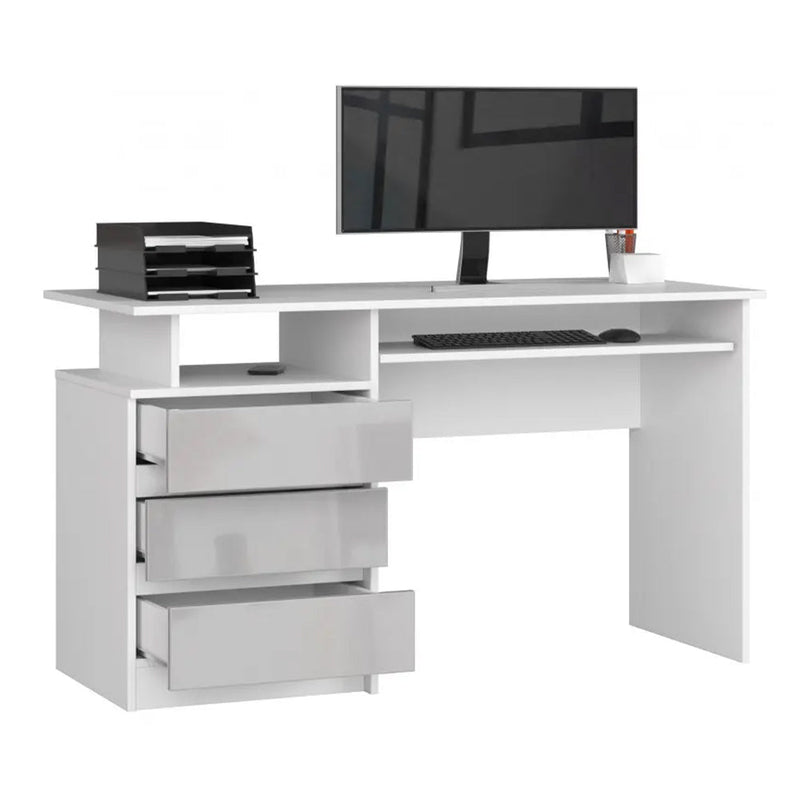 Компютърно бюро с 3 чекмеджета и поставка за клавиатура 77 x 60 x 135 см бяло, лъскаво бяло