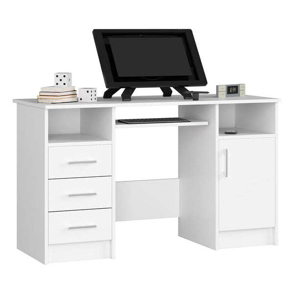 Компютърно бюро Ana с 1 врата 3 чекмеджета и 4 рафта 124 x 74 x 52 см бял