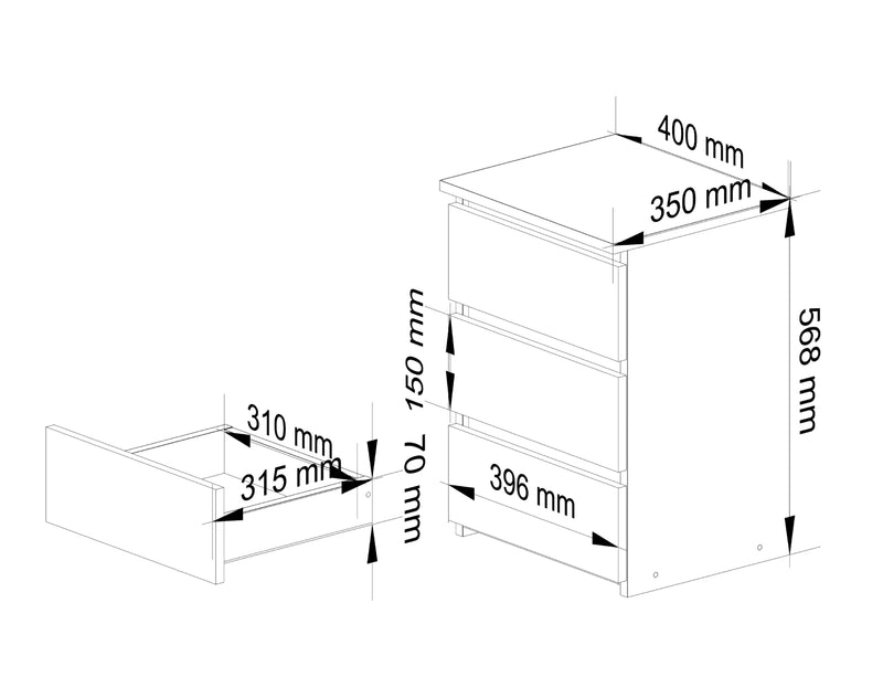 Скрин с 3 чекмеджета бял-антрацит 40 x 35 x 57 см