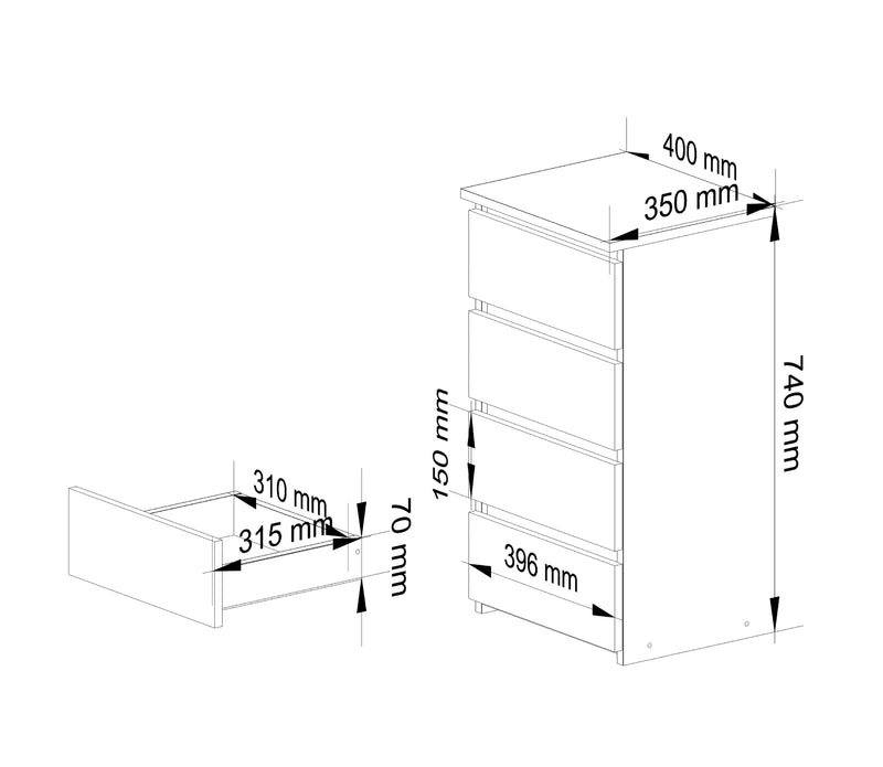 Скрин CL4 с 4 чекмеджета, бял - антрацит, 74 x 40 x 35 см