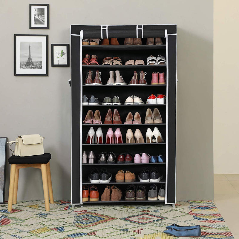 Текстилен шкаф за обувки 9 рафта черен 88 x 28 х 160 см