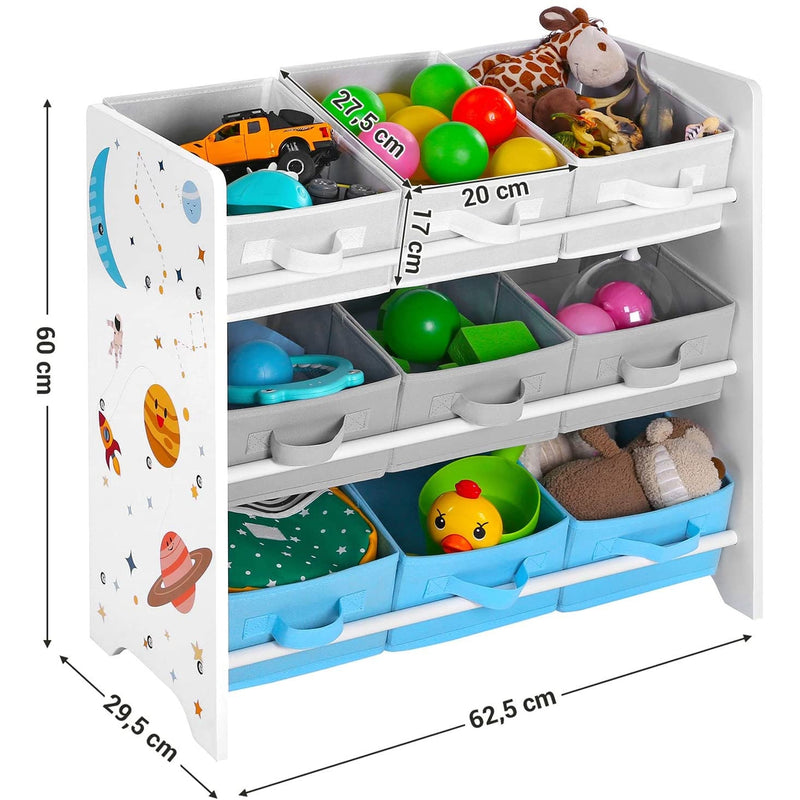 Рафт-органайзер за играчки, многоцветен с 9 текстилни кутии 60 x 29,5 x 62,5 см