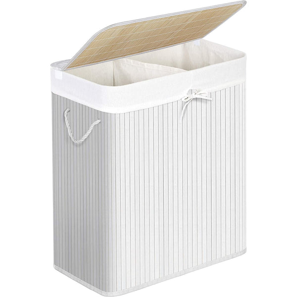 Кош за пране Songmics с 2 бамбукови отделения, 100 л 52 x 63 x 32 см бял