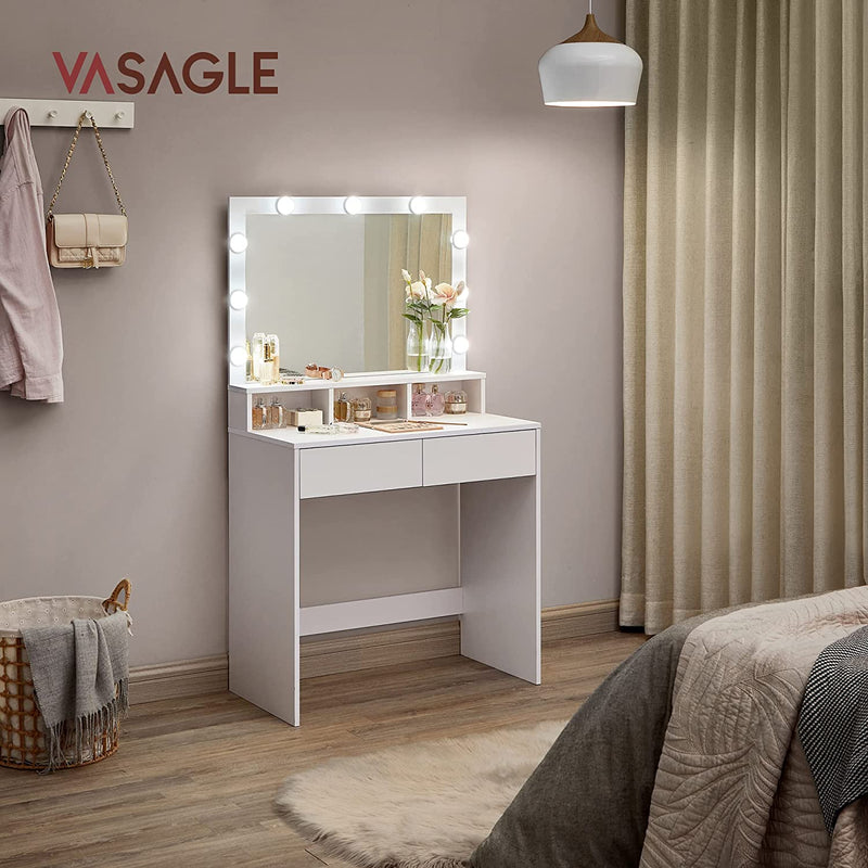 Тоалетка Vasagle с LED огледало, 2 чекмеджета и 3 отделения за съхранение, бяла