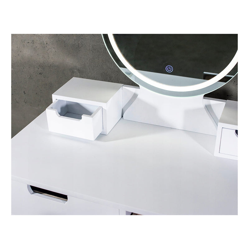 Тоалетка за грим с табуретка и кръгло LED огледало - бяла/дърво