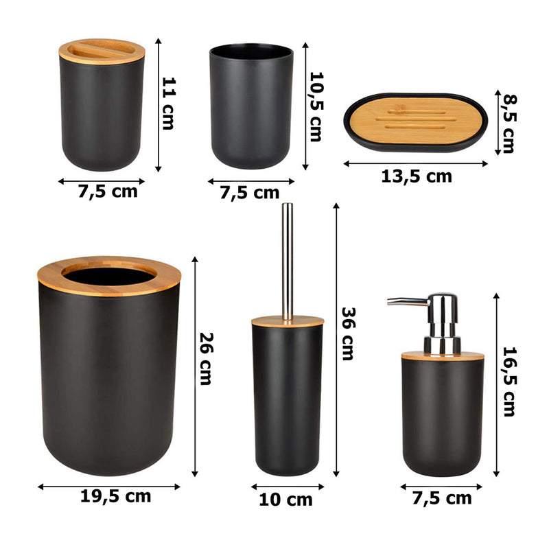 Комплект за баня с 6 аксесоара - черен/бамбук - TIMOR