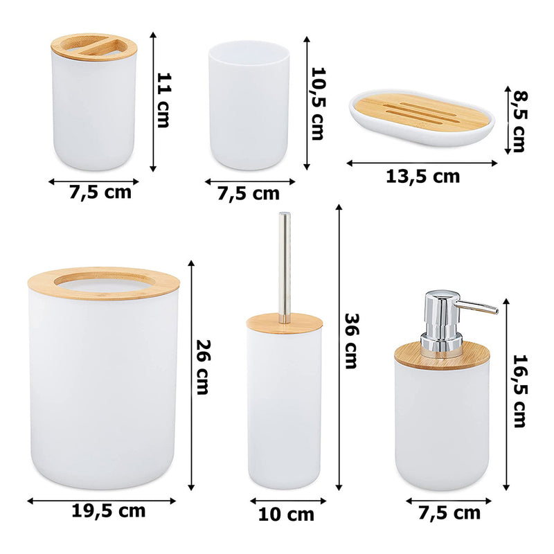 Комплект за баня с 6 аксесоара - бял/бамбук - TIMOR