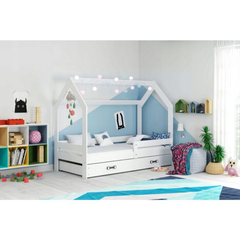 Бяло детско легло тип "къщичка" със защитна преграда и чекмедже за съхранение Interbeds 160 х 80 см