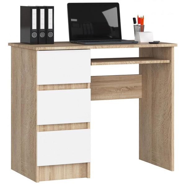 Ъглово бюро за компютър с 3 чекмеджета 155 см, дъб/бяло
