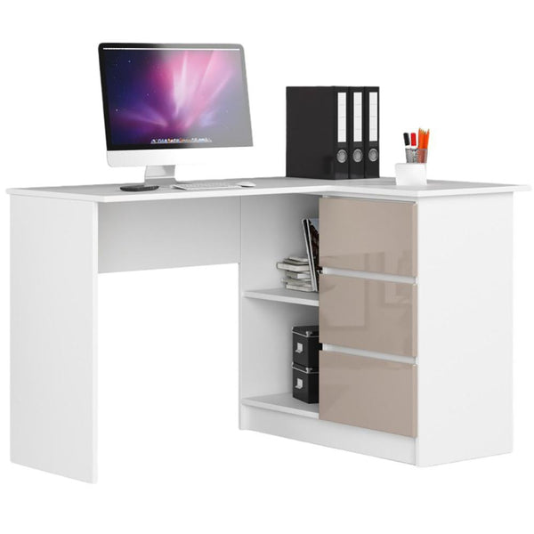 Ъглово бюро за компютър с 3 чекмеджета бяло/сонома В-16