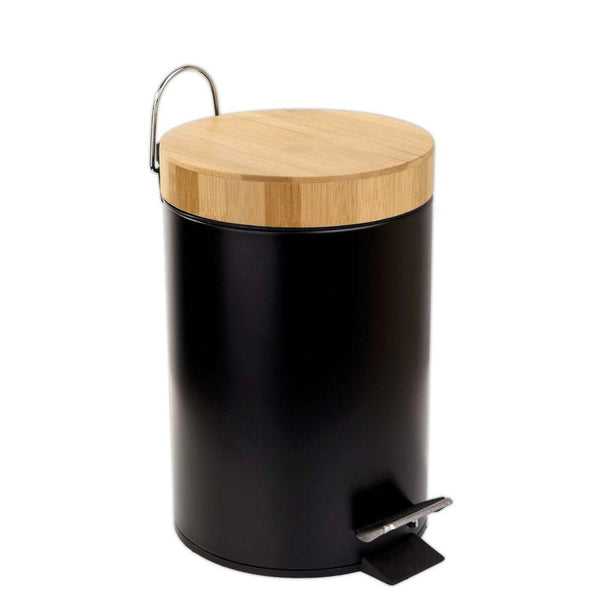Черен кош за боклук с метален педал и бамбуков капак 3 л