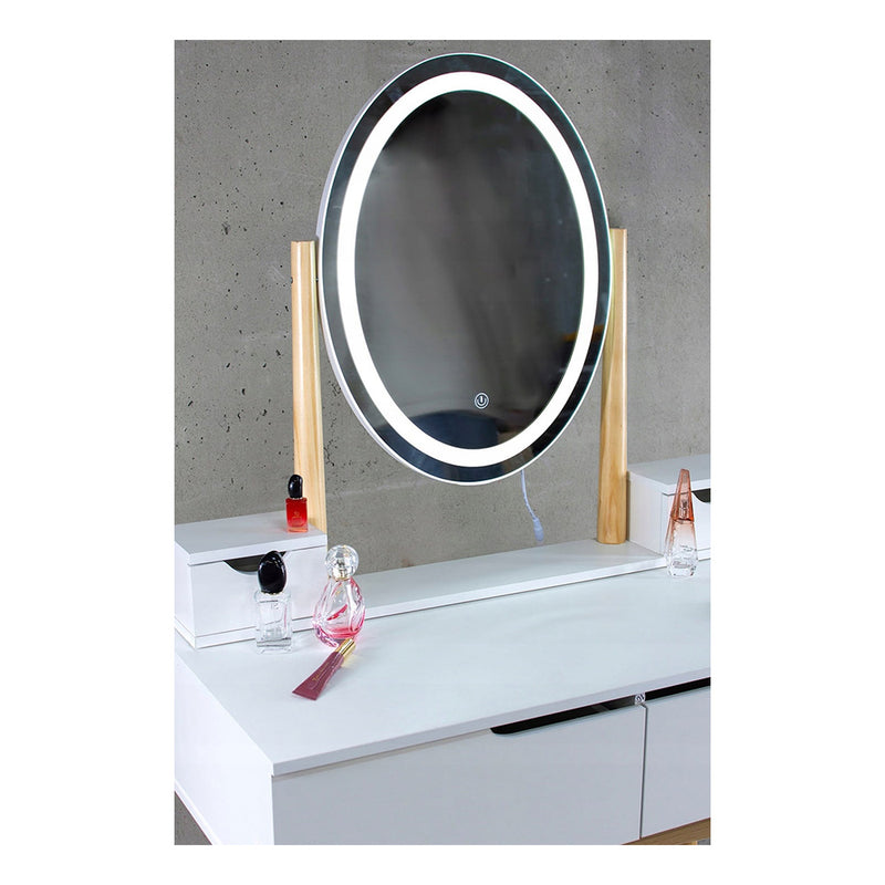 Тоалетка за грим с табуретка и овално LED огледало - бяла/дърво