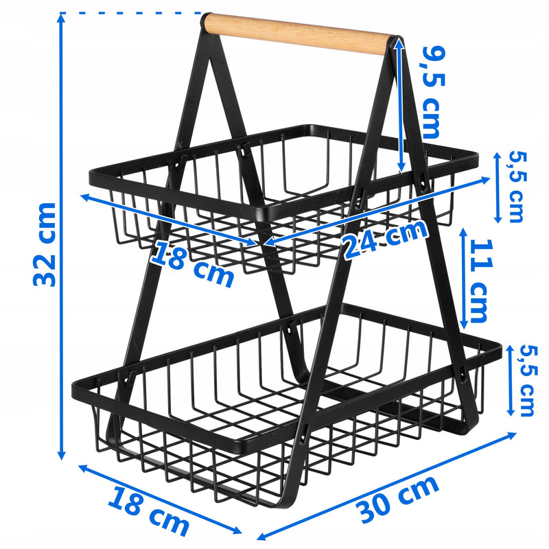 Метален кош органайзер за плодове и зеленчуци на две нива, черен