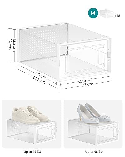Кутии за обувки, комплект от 18 органайзера за съхранение на обувки, подвижни и сгъваеми, подходящи за маратонки до размер 45, прозрачни и бели SONGMICS
