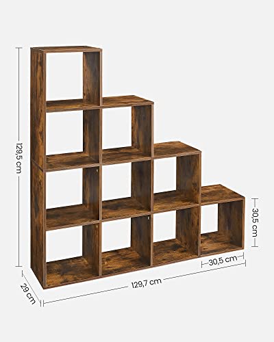 Библиотека, рафтове за книги, шкаф с 10 отделения, 29 x 129,5 х 129,2 см, за всекидневна, спалня, работно бюро, рустикално кафяво, VASAGLE