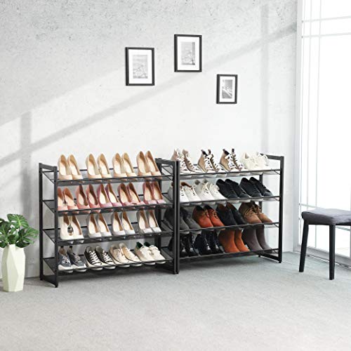Стелаж за обувки с 8 рафта, комплект от 2 органайзера за обувки с 4 рафта, метален стелаж за обувки с регулируеми рафтове, плосък или наклонен, за монтиране, черен SONGMICS
